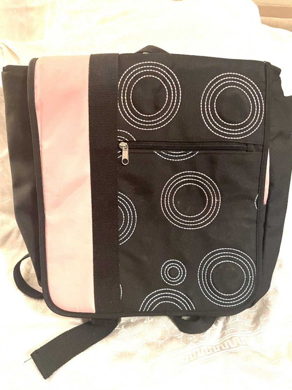 Nunzia Diaper Bag Faille Black and Pink Circle Stitches Convertible Crossbody